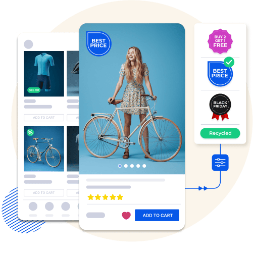 Mobile app featuring sports equipment with bold badges like 'Best Price' and 'Recycled,' highlighting discounts, offers, and sustainable product options for an enhanced shopping experience.