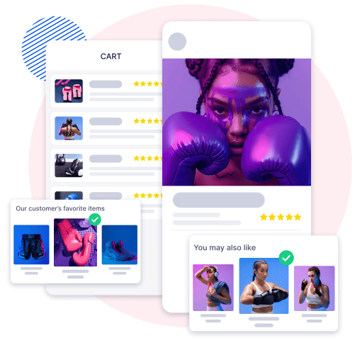 Personalized product recommendations on a sports app, showcasing boxing gloves and gear with 'You may also like' and 'Customer’s favorite items' sections to encourage larger orders and better customer engagement.