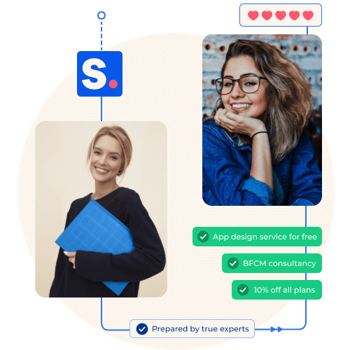 a customer success team member and a happy customer with Shopney logo