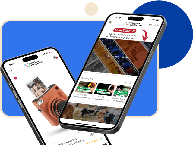 Two smartphones displaying the Analogue Wonderland mobile app, showcasing a featured camera product page and a film development service promotion with a discount offer.