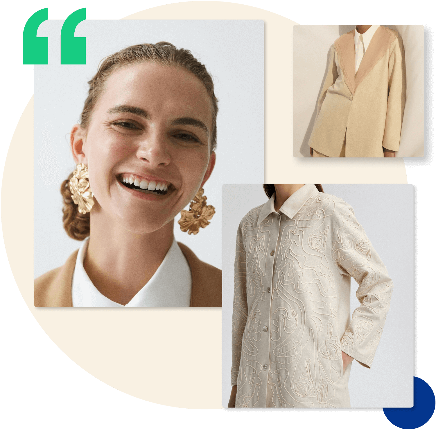 Smiling woman and two clothing items, with a quotation mark