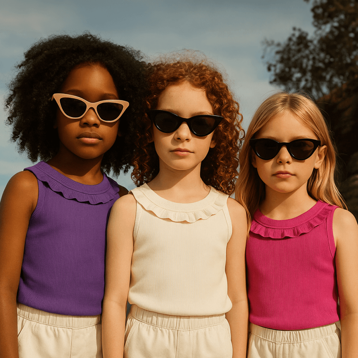 Three children wearing sunglasses and colorful outfits.