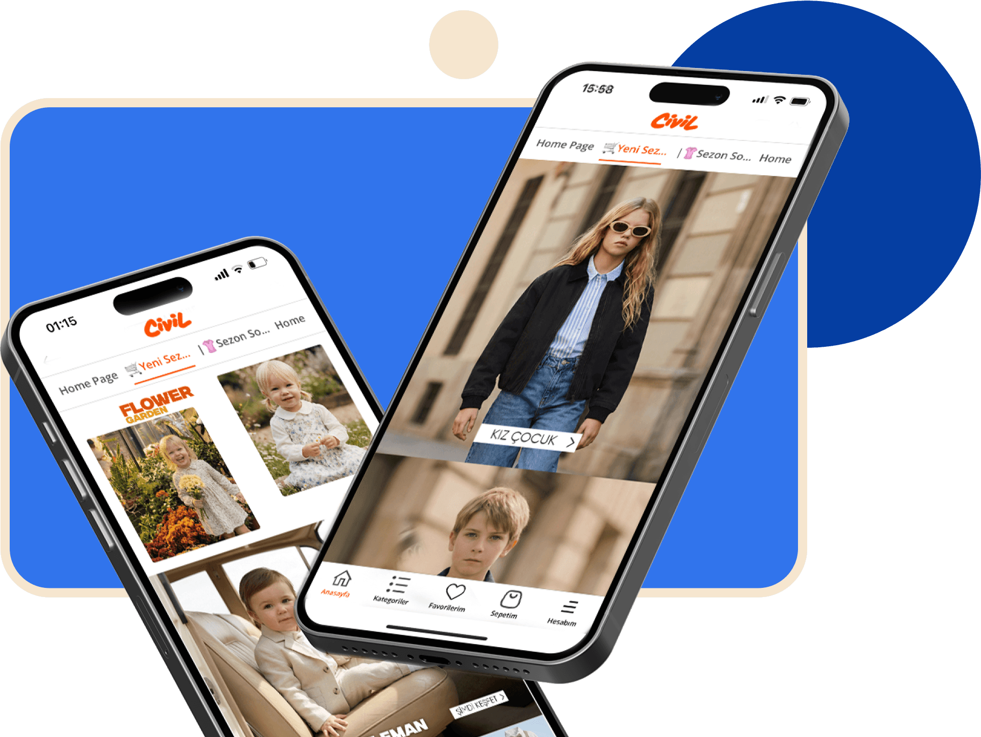 Civil mobile app interface showcasing kids clothing collections and homepage layout