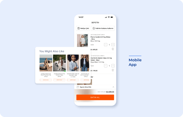 Civil mobile app cart screen with product recommendations. Highlights cross-sell opportunities in the cart.