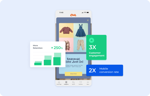 Civil mobile in-app campaign visual with performance metrics. Highlights higher retention, engagement, and mobile conversion.