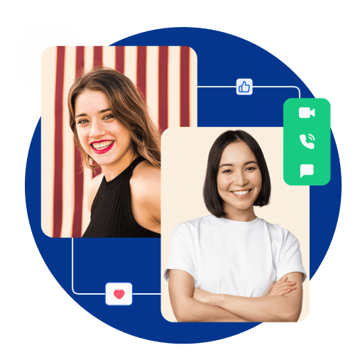 Two smiling women with social media and communication icons.