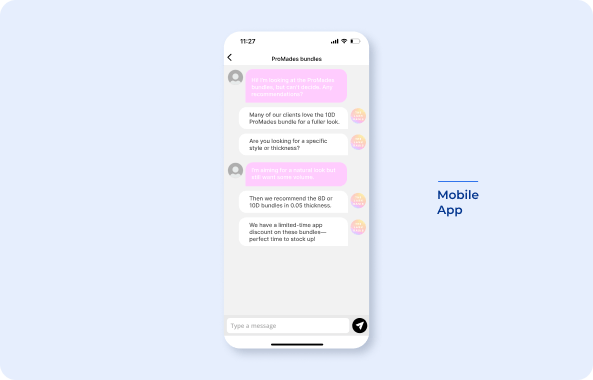 in-app chat example for Lash oasis app 