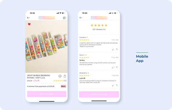 product ratings and reviews example for Lash oasis app 