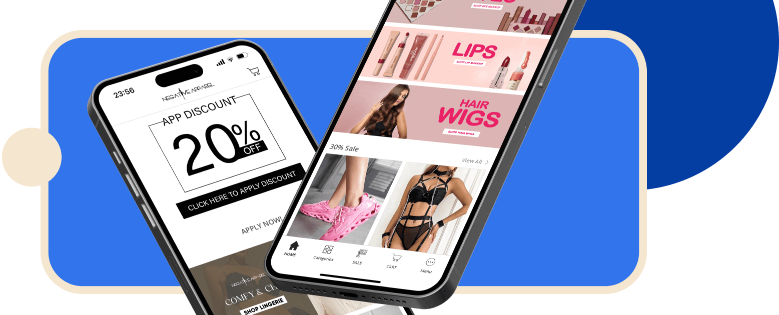 Two mobile app images that shows some clothes and a 20% discount