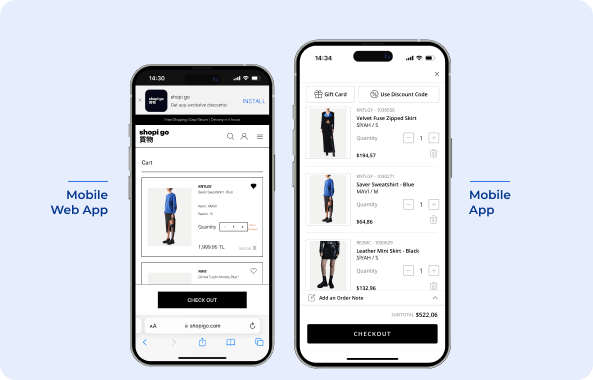 checkout page of Shopigo on Mobile app vs mobile web app