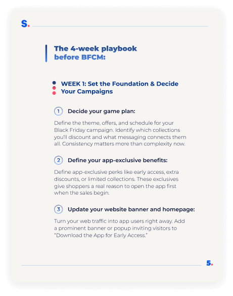 A page screenshot from the ebook about how to prepare for BFCM in the last 30 days. This page shows the first week plan