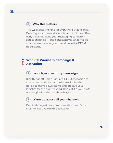 A page screenshot from the ebook about how to prepare for BFCM in the last 30 days. This page shows the second week plan