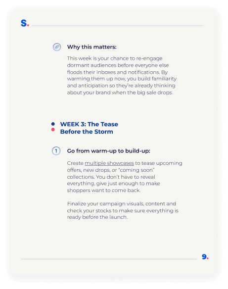 A page screenshot from the ebook about how to prepare for BFCM in the last 30 days. This page shows the third week plan