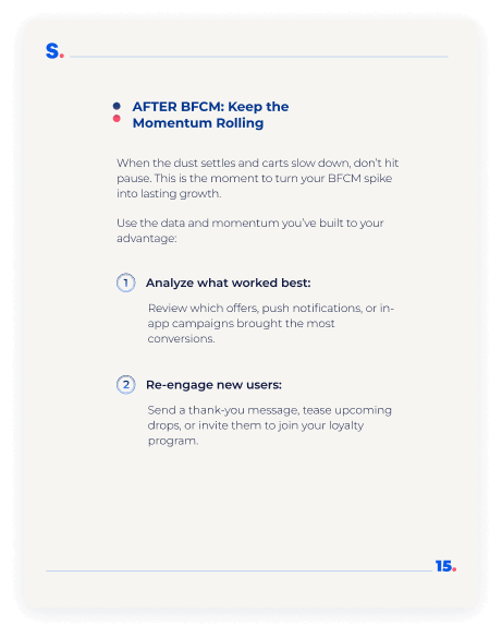 A page screenshot from the ebook about how to prepare for BFCM in 30 days. This image has the plan for post-BFCM