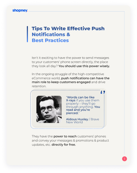 A page of Effective Push Notifications & Best Practices ebook for Shopify merchants that includes a quote from Aldous Huxley