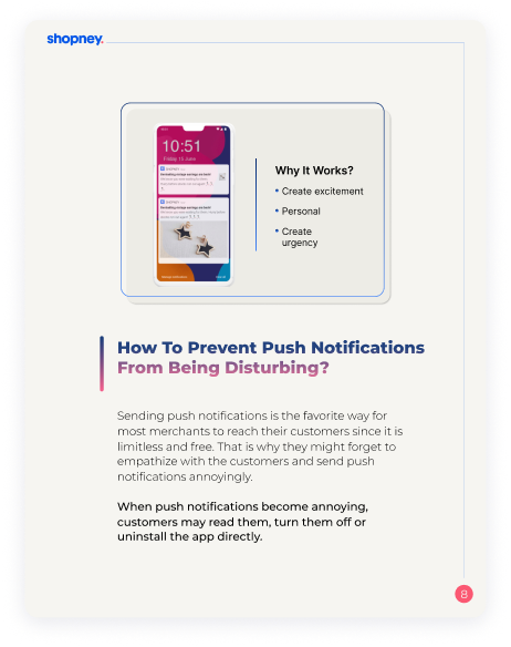 A page of Effective Push Notifications & Best Practices ebook for Shopify merchants that includes a push notification sample 