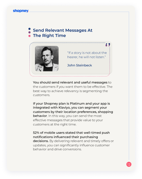 A page of Effective Push Notifications & Best Practices ebook for Shopify merchants a John Steinbeck quote on it