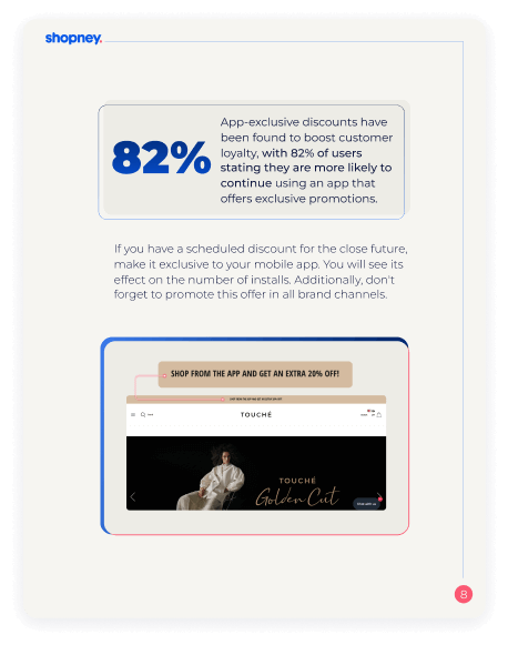 A page of How to Promote Your eCommerce Mobile App ebook that includes an impressive data about app exclusive discounts