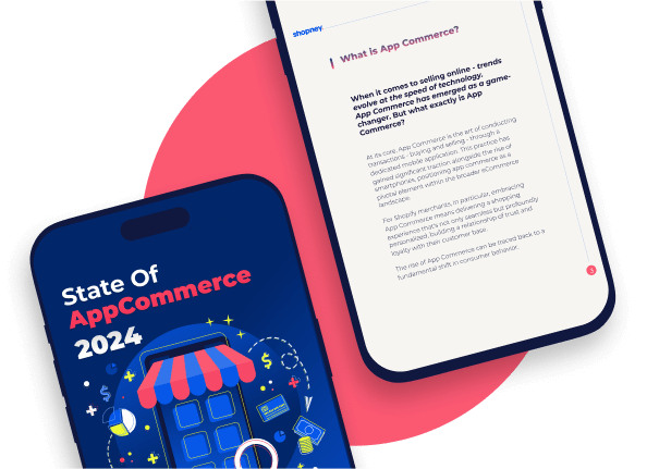 The ebook cover about state of app commerce 2024 for Shopify merchants with an illustration on it