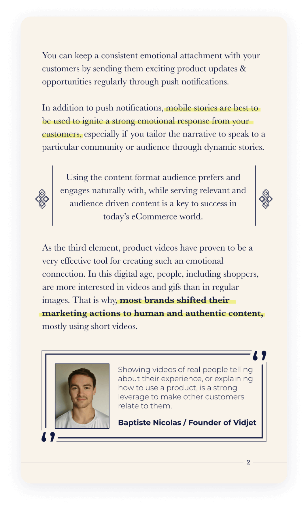 A page of Shopify Merchant's Bedside Book - Customer Engagement section that explains how stories are the best to ignite a strong emotional response