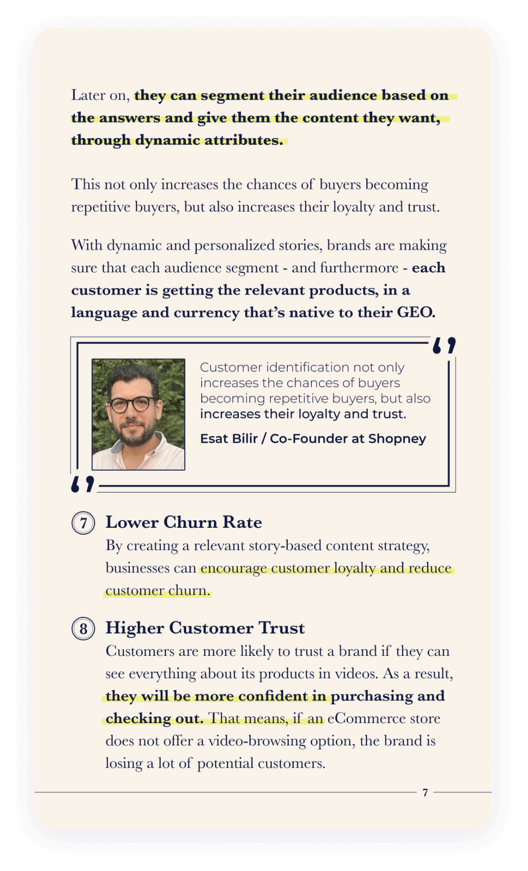 A page of Shopify Merchant's Bedside Book - Customer Engagement section that explains lower churn rate and higher customer trust