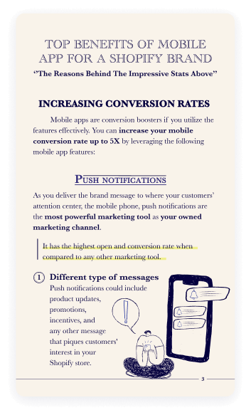 A page of Shopify Merchant's Bedside Book - Mobile Commerce section that includes top benefits of an app for a Shopify brand