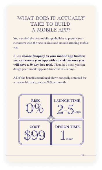 A page of Shopify Merchant's Bedside Book - Mobile Commerce section that tells cost and launch time of a mobile app