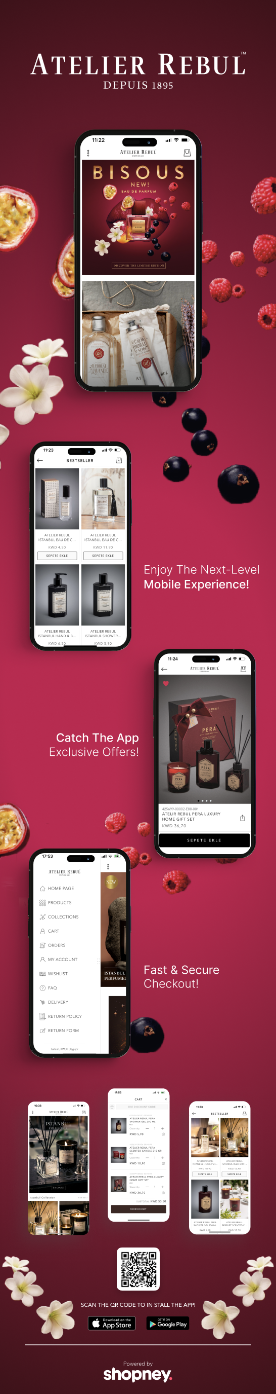 the mobile app design of Atelier Rebul KWT app
