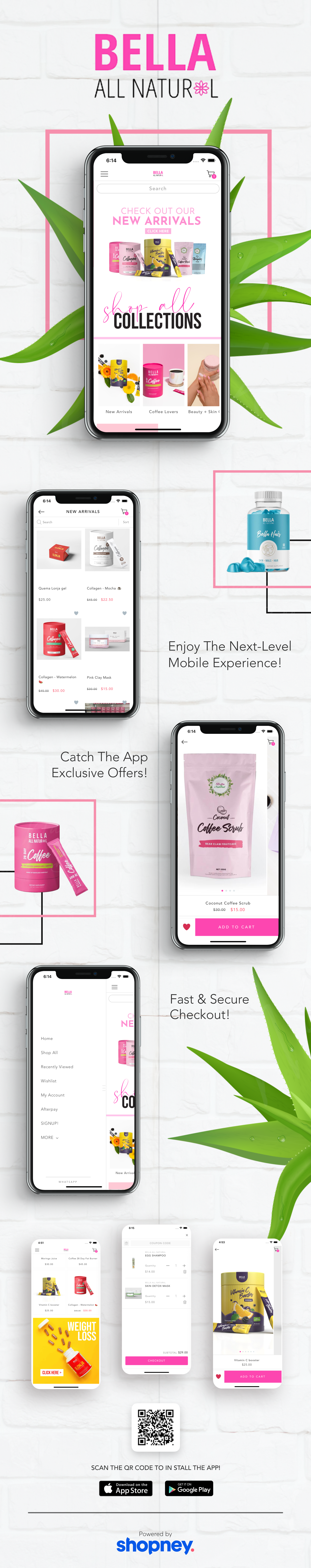 the mobile app design of Bella All Natural app