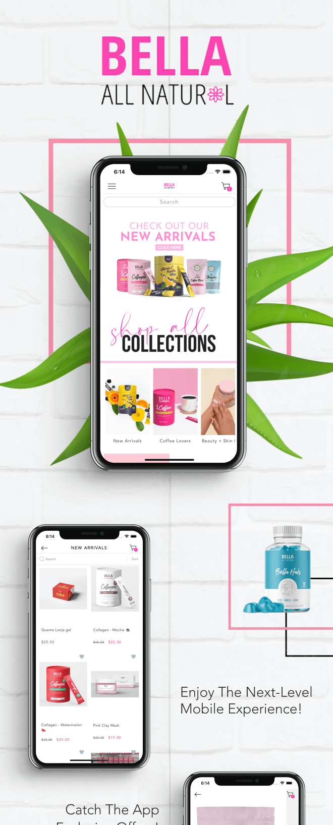 the mobile app design of Bella All Natural app