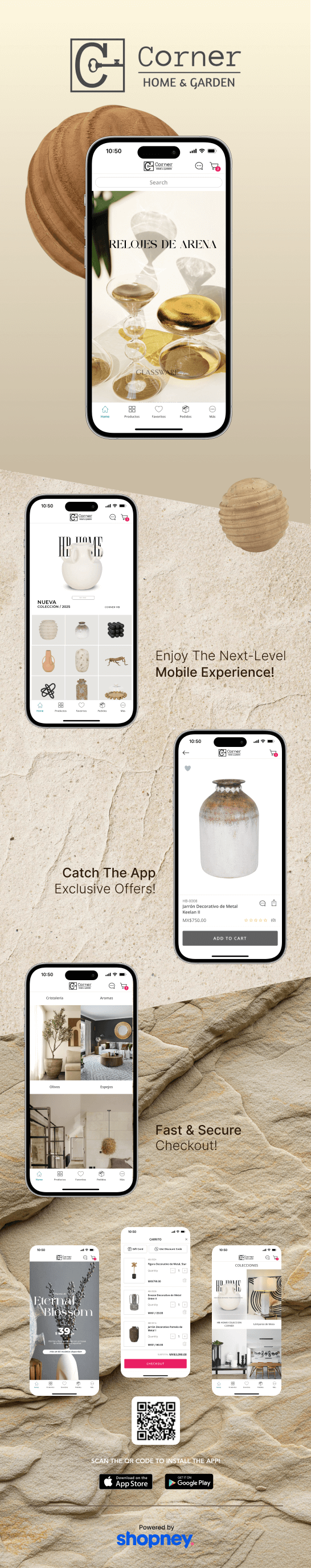 the mobile app design of Corner Home & Garden app