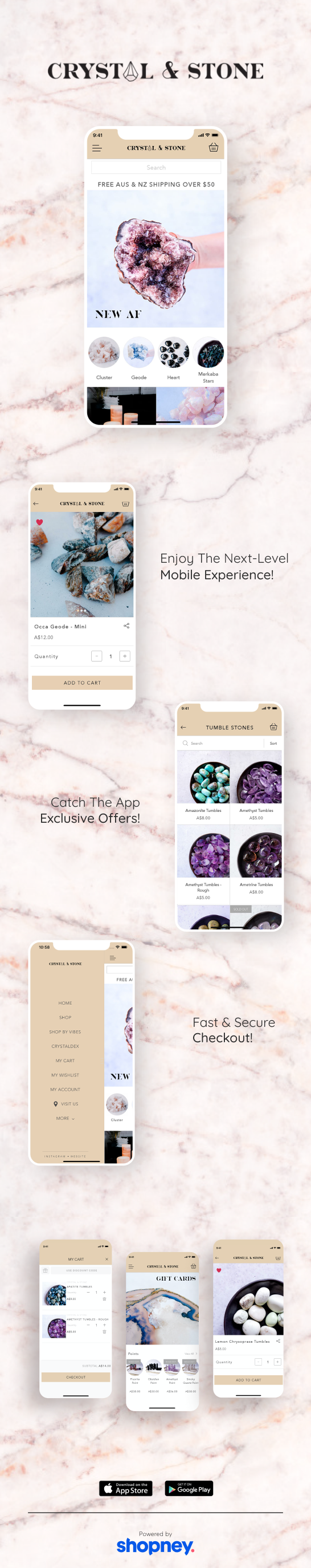 the mobile app design of Crystal & Stone app