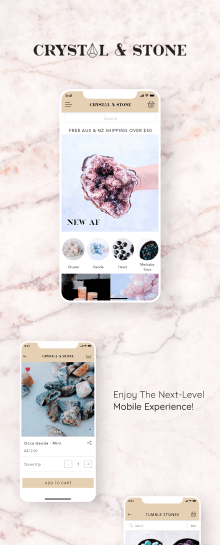 the mobile app design of Crystal & Stone app