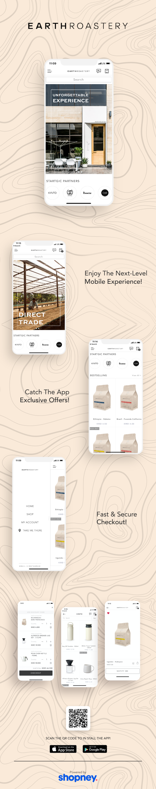 the mobile app design of Earth Roastery app
