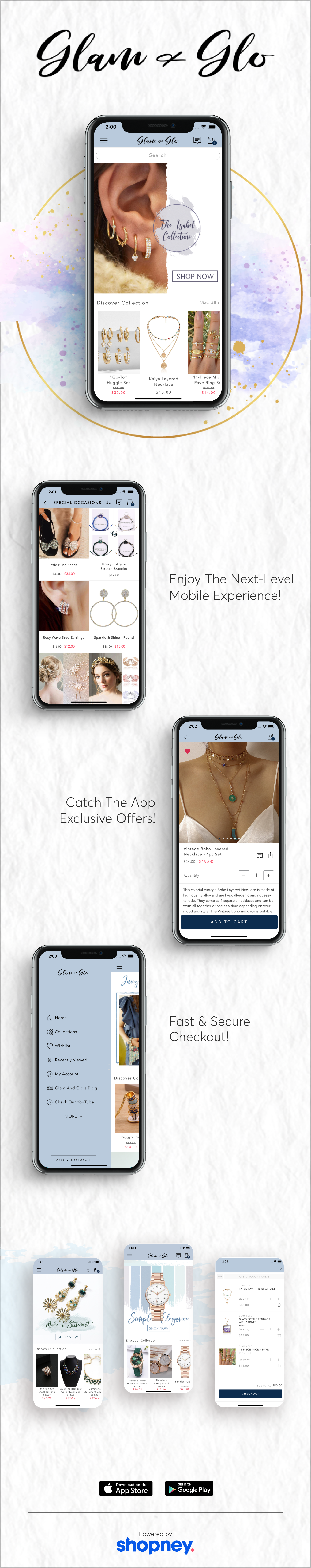 the mobile app design of Glam & Glo app