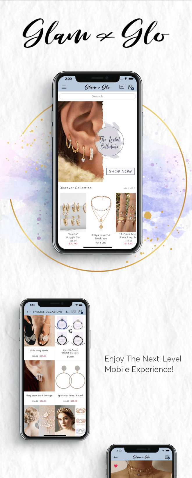 the mobile app design of Glam & Glo app
