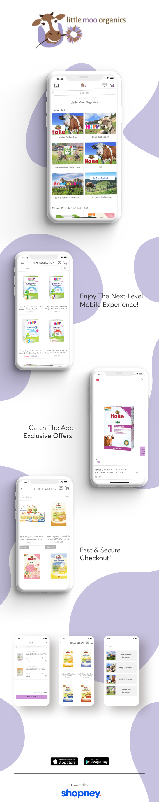 the mobile app design of Little Moo Organics app