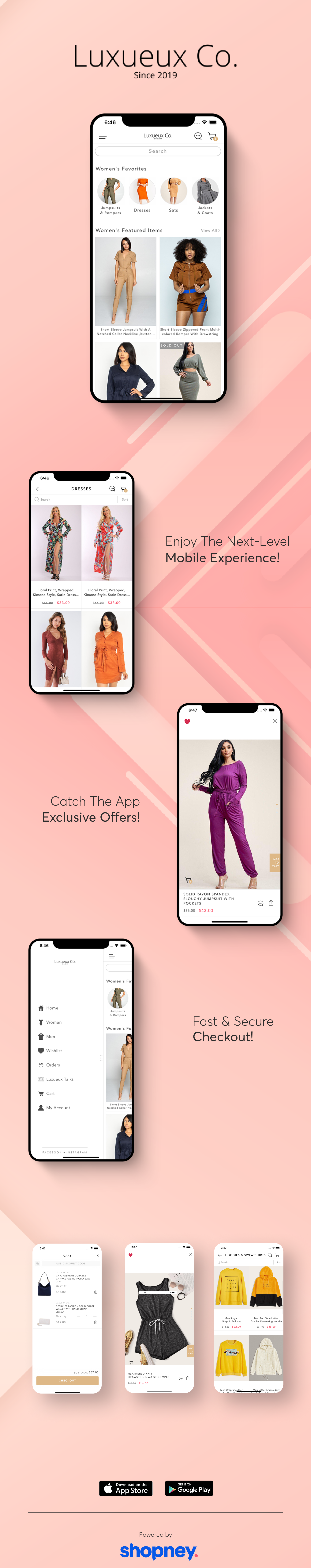 the mobile app design of Luxueux Co. app