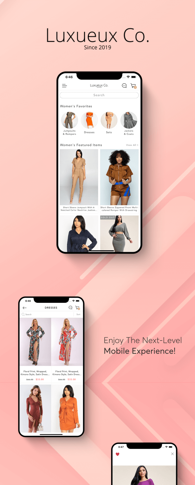 the mobile app design of Luxueux Co. app