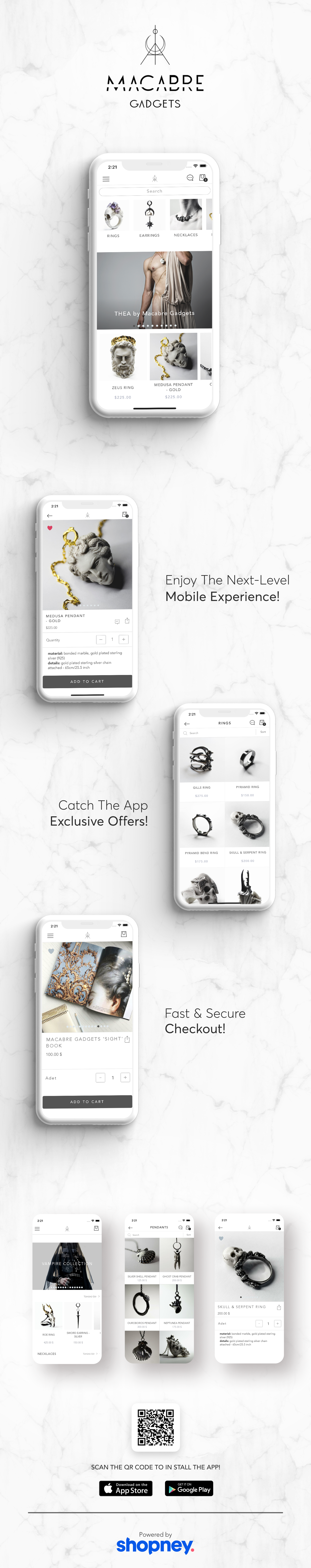 the mobile app design of Macabre Gadgets app