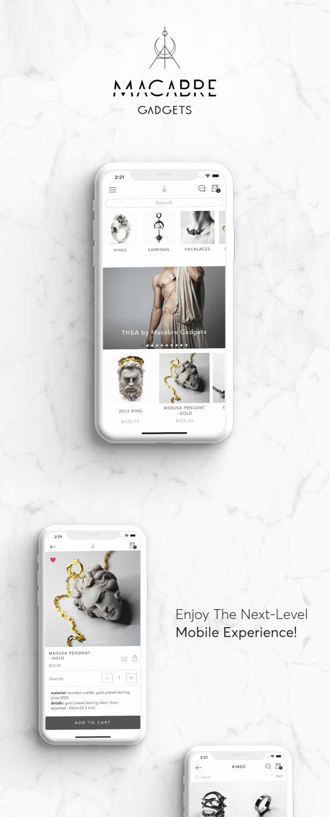 the mobile app design of Macabre Gadgets app