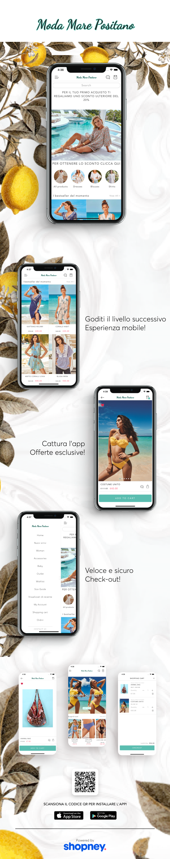 the mobile app design of Moda Mare Positano app