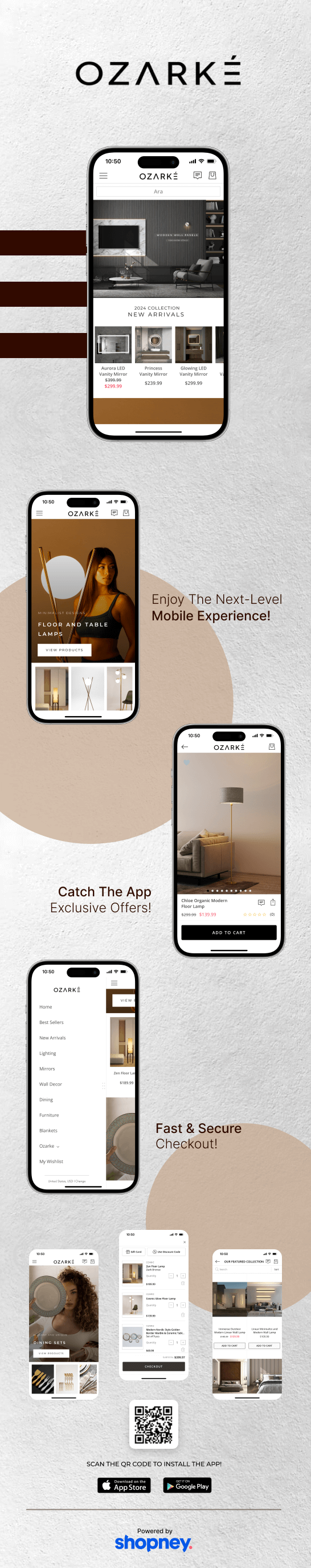 the mobile app design of Ozarké app