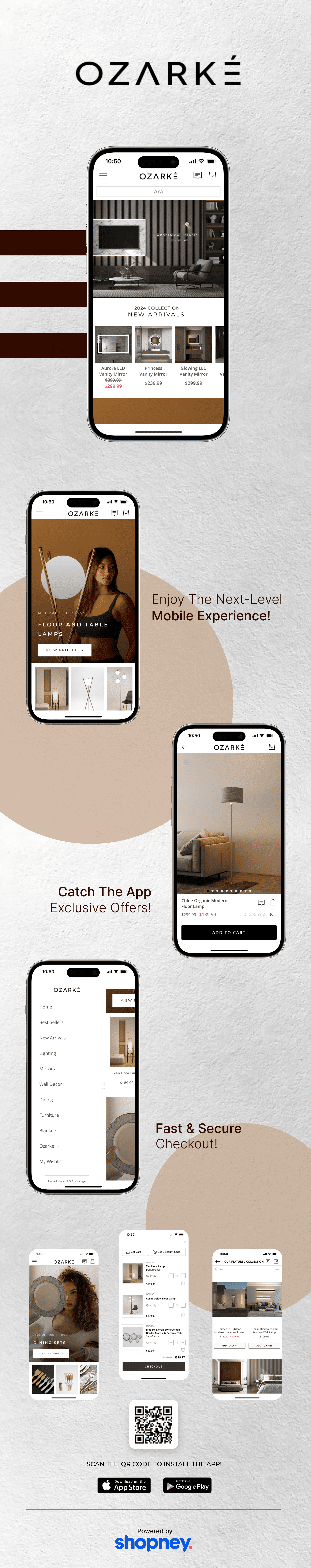 the mobile app design of Ozarké app