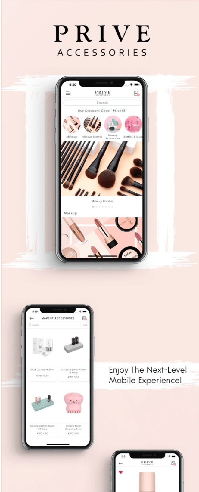the mobile app design of Prive Accessories app