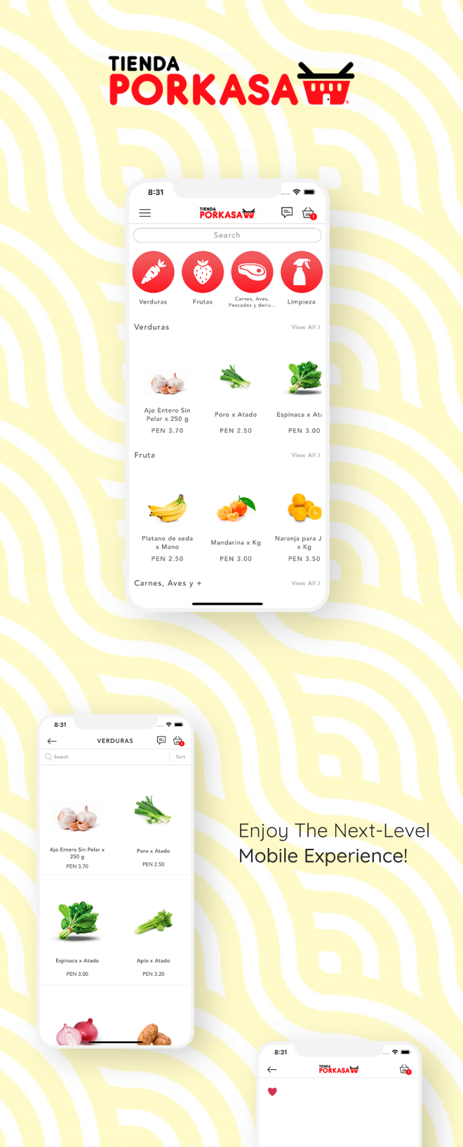 the mobile app design of Tienda Porkasa app