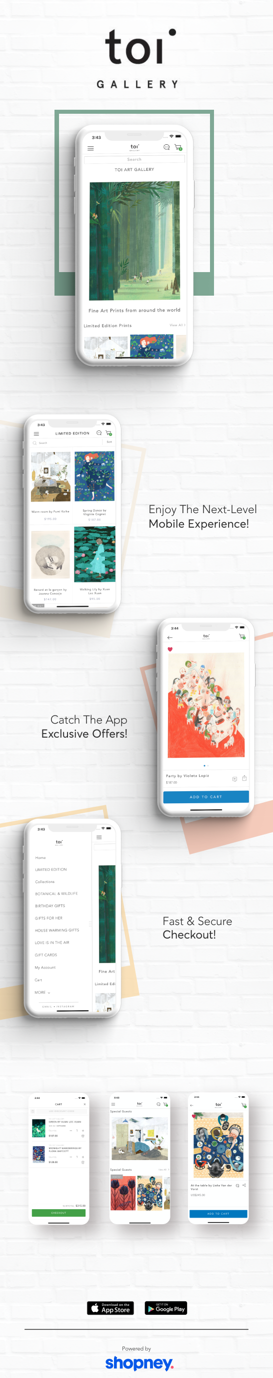 the mobile app design of Toi Art Gallery app