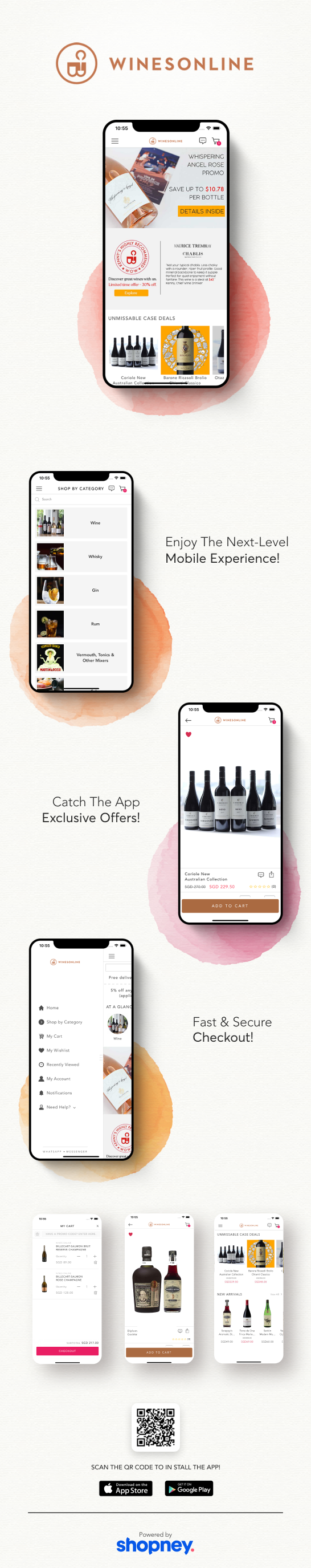 the mobile app design of Wines Online Singapore app